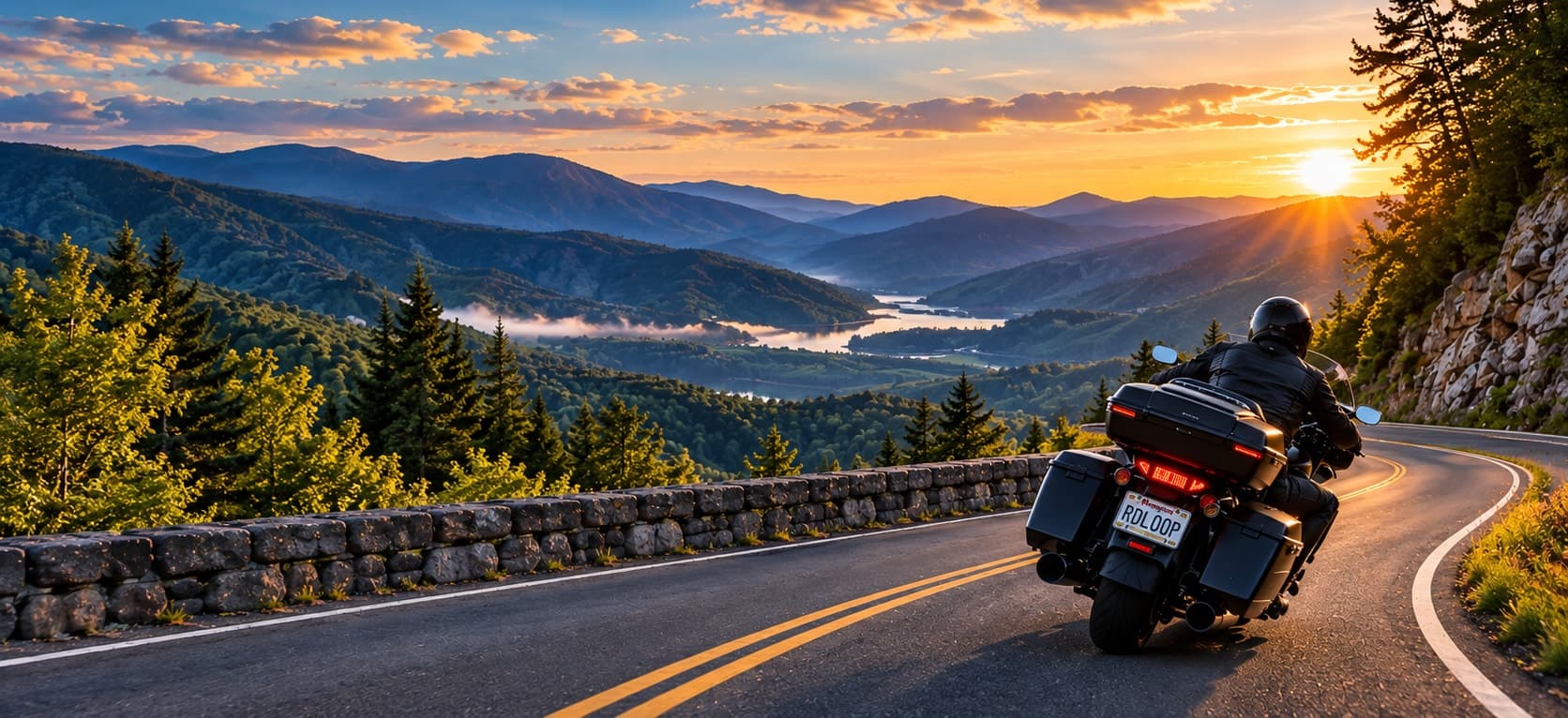 Touring motorcycle on a mountain road at golden hour overlooking a misty valley